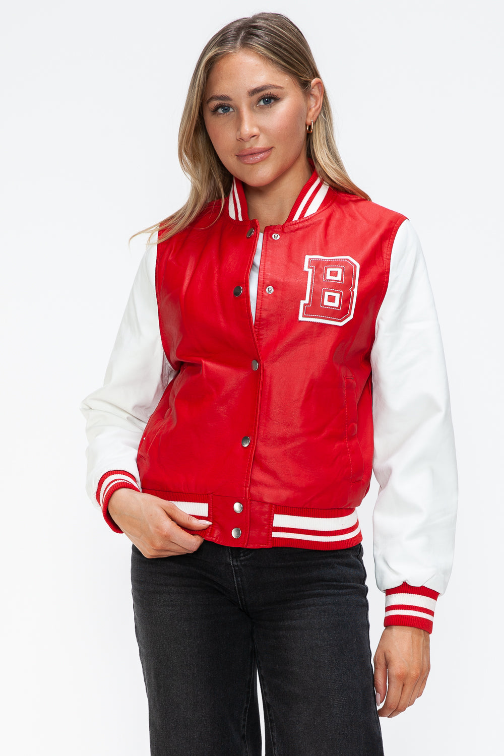 Love Me Now PU Leather Contrast Snap Down Bomber Jacket Red White Tops/Jackets/Sweaters Clothing Tops Love Me Now Ship from USA TikTok Trendsi USPS Walmart Trendsi https://www.cyberehub.com