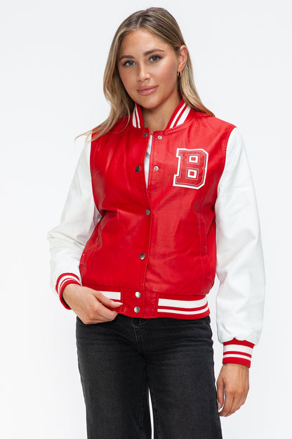 Love Me Now PU Leather Contrast Snap Down Bomber Jacket Red White Tops/Jackets/Sweaters Clothing Tops Love Me Now Ship from USA TikTok Trendsi USPS Walmart Trendsi https://www.cyberehub.com