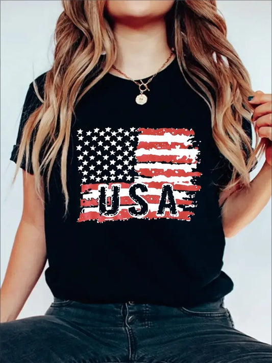 USA Flag Graphic Print Solid T-Shirt, Crew Neck Short Sleeve Casual Top For Summer & Spring, Women's Clothing Apparel/Shirt/Graphic Shirt SNULLO https://www.cyberehub.com