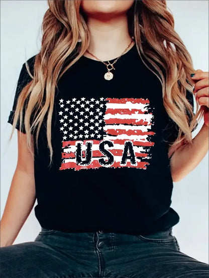 USA Flag Graphic Print Solid T-Shirt, Crew Neck Short Sleeve Casual Top For Summer & Spring, Women's Clothing Black Apparel/Shirt/Graphic Shirt SNULLO https://www.cyberehub.com