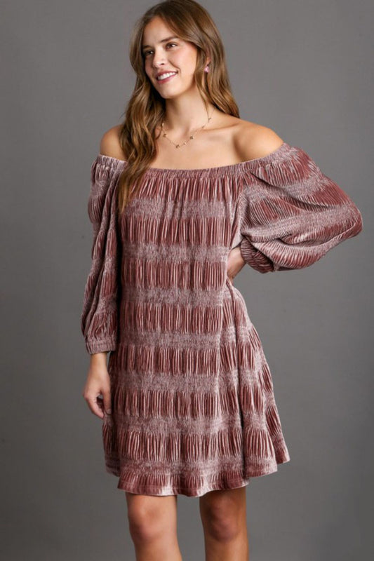 Umgee Off-Shoulder Balloon Sleeve Velvet Mini Dress Dusty Pink Apparel Apparel Ship from USA TikTok Trendsi Umgee USA Trendsi https://www.cyberehub.com