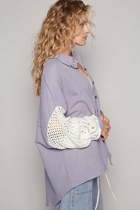 POL Openwork Lantern Sleeve Button Down Gauze Shirt Apparel Apparel POL Ship from USA TikTok Trendsi Trendsi https://www.cyberehub.com
