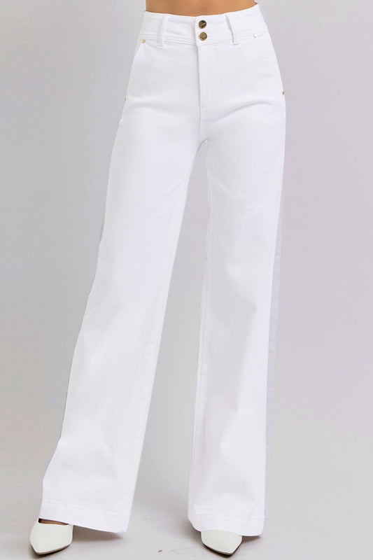 RISEN Full Size Tummy Control Double Button Wide Leg Jeans White Bottoms Bottoms Clothing Pants RISEN Ship from USA Women Trendsi https://www.cyberehub.com