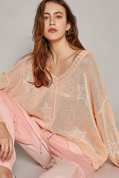 POL V-Neck Long Sleeve Star Print Knit Top Peach Shirt Apparel Clothing Tops POL Ship from USA Shirts USA Women Trendsi https://www.cyberehub.com
