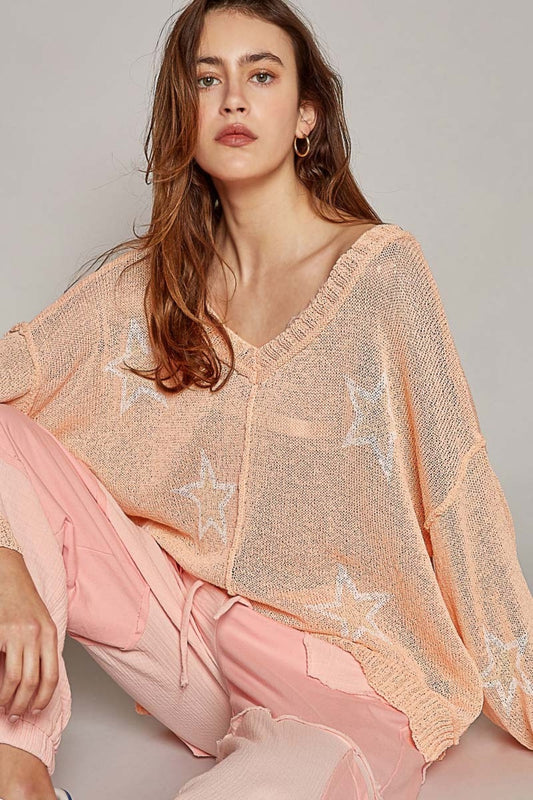 POL V-Neck Long Sleeve Star Print Knit Top Peach Shirt Apparel Clothing Tops POL Ship from USA Shirts USA Women Trendsi https://www.cyberehub.com