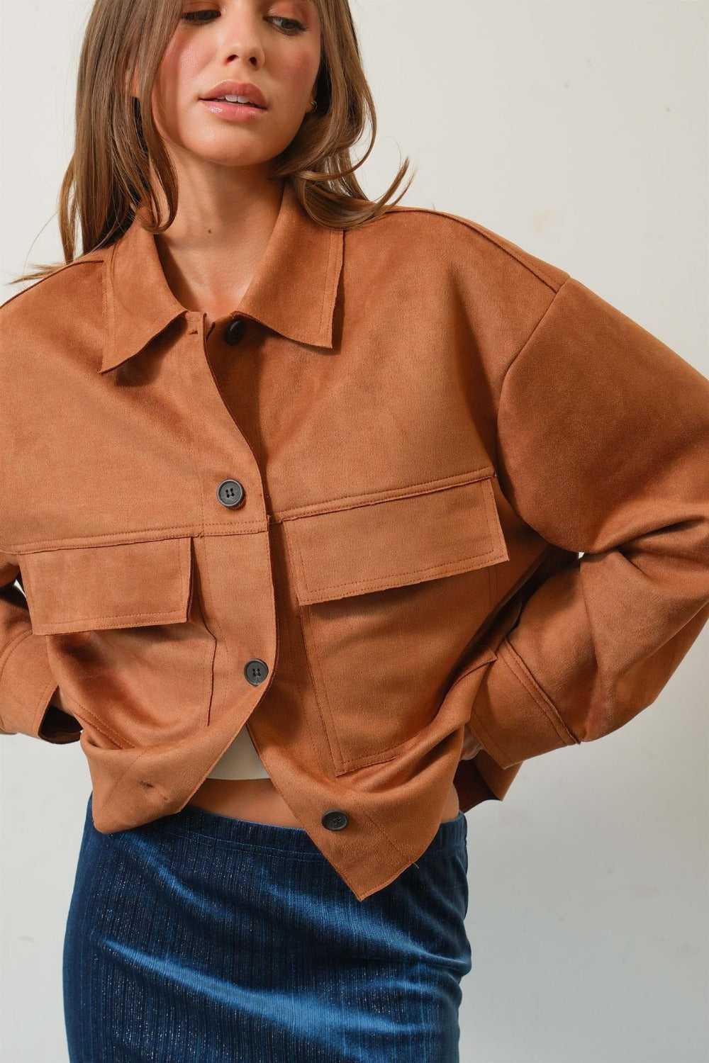 HYFVE Suede Button Down Cropped Jacket Camel Shirt Apparel Clothing Tops HYFVE Ship from USA Shirts USA Women Trendsi https://www.cyberehub.com