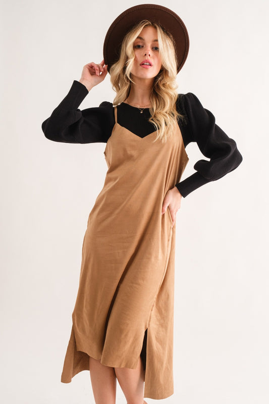 And The Why Faux Suede Cut Edge Slit Cami Midi Dress Khaki Apparel/Dress And The Why Dress Ship from USA TikTok Trendsi USPS Walmart Walmart Apparel Trendsi https://www.cyberehub.com