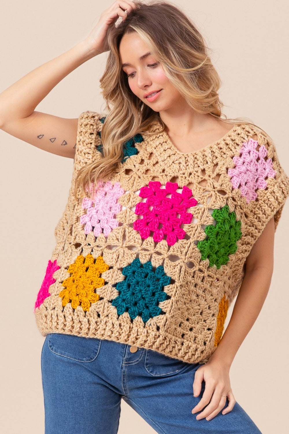 BiBi Granny Square Openwork Sweater Vest Shirt Apparel BiBi Clothing Tops Ship from USA Shirts USA Women Trendsi https://www.cyberehub.com