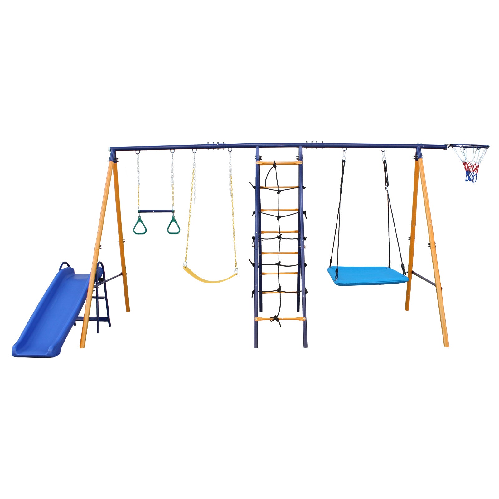 500 lbs 7 in 1 Swing Set for Kids Backyard Outdoor A-Frame Heavy-Duty Metal Swing Sets with Slide, 2 Swing Seats, 1 Climbing Net & Ladder, 1 Gym Ring, 1 Basket Giga GNJ Kids Toys Giga https://www.cyberehub.com