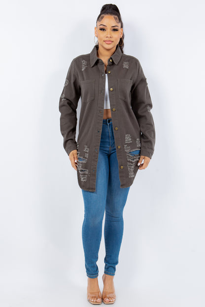 American Bazi Distressed Button Up Long Sleeve Denim Jacket Tops/Jackets/Sweaters American Bazi Clothing Tops Ship from USA TikTok Trendsi USPS Walmart Trendsi https://www.cyberehub.com