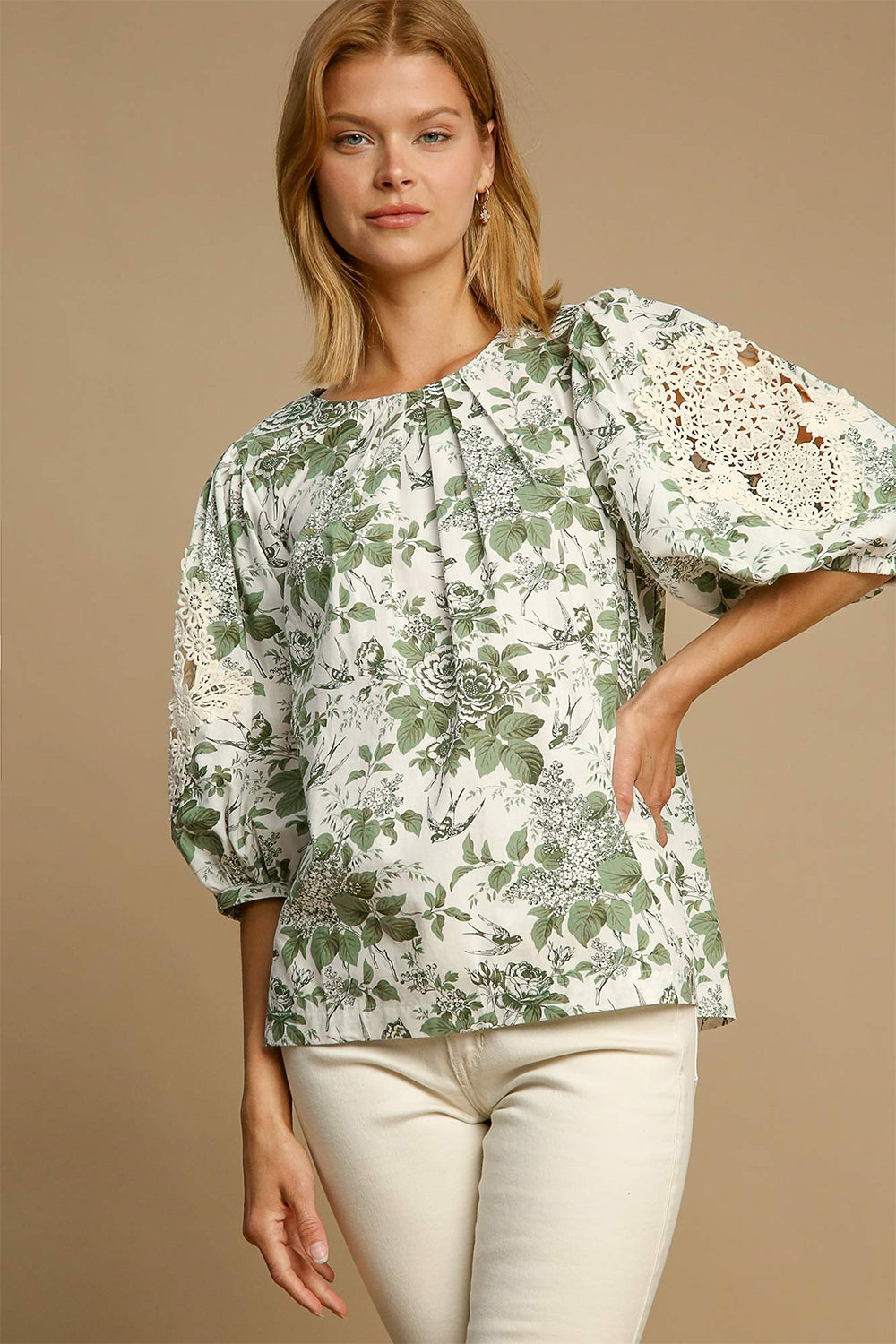 Umgee Floral Pleated Detail Lace Trim Sleeve Blouse Sage Apparel Apparel Ship from USA TikTok Trendsi Umgee USA Trendsi https://www.cyberehub.com
