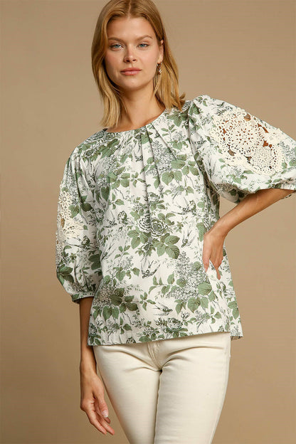 Umgee Floral Pleated Detail Lace Trim Sleeve Blouse Sage Apparel Apparel Ship from USA TikTok Trendsi Umgee USA Trendsi https://www.cyberehub.com