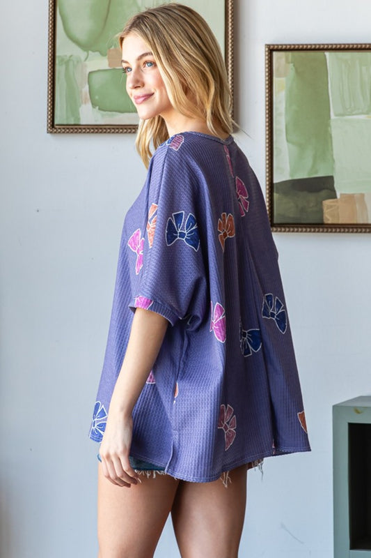 HOPELY Bow Print Waffle Side Slit T-Shirt Tops/Jackets/Sweaters Clothing Tops HOPELY Ship from USA TikTok Trendsi USPS Walmart Trendsi https://www.cyberehub.com