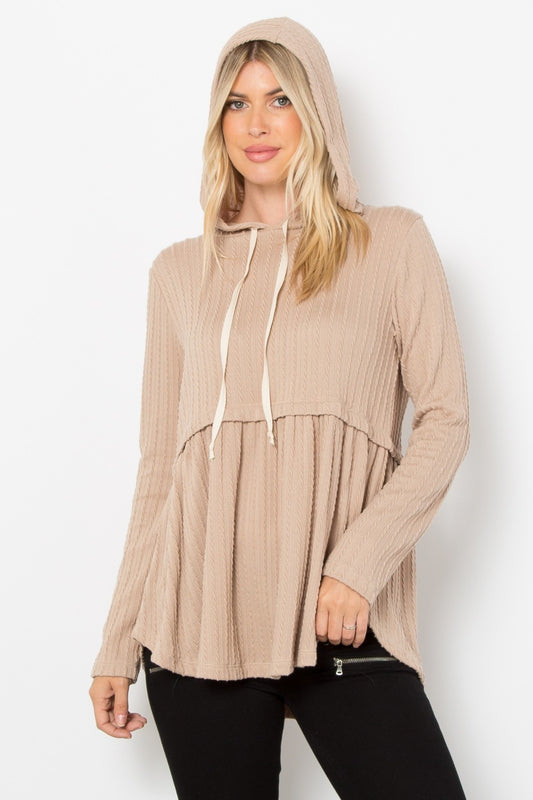 Be Stage Full Size Long Sleeve Peplum Cable Knit Hoodie Taupe Shirt Apparel BE Stage Clothing Tops Ship from USA Shirts USA Women Trendsi https://www.cyberehub.com