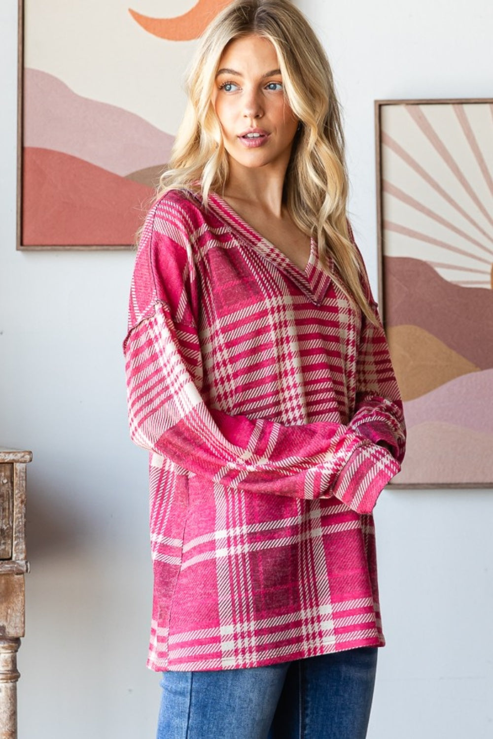 Heimish Plaid Drop Shoulder V-Neck T-Shirt Tops/Jackets/Sweaters Clothing Tops Heimish Ship from USA TikTok Trendsi USPS Walmart Trendsi https://www.cyberehub.com