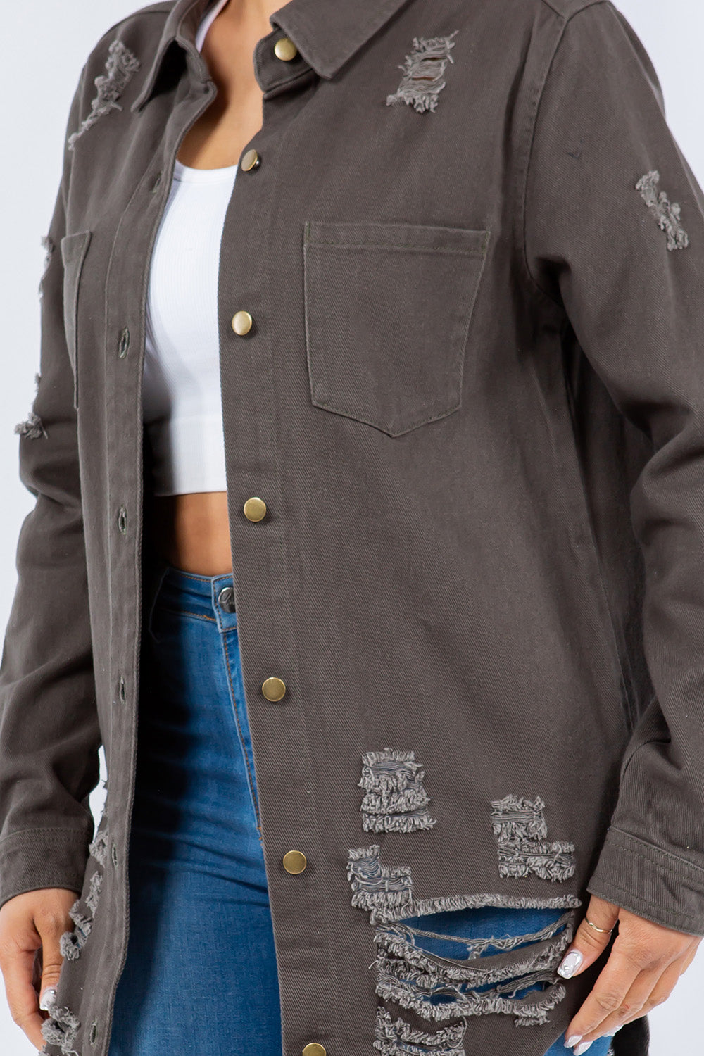 American Bazi Distressed Button Up Long Sleeve Denim Jacket Tops/Jackets/Sweaters American Bazi Clothing Tops Ship from USA TikTok Trendsi USPS Walmart Trendsi https://www.cyberehub.com