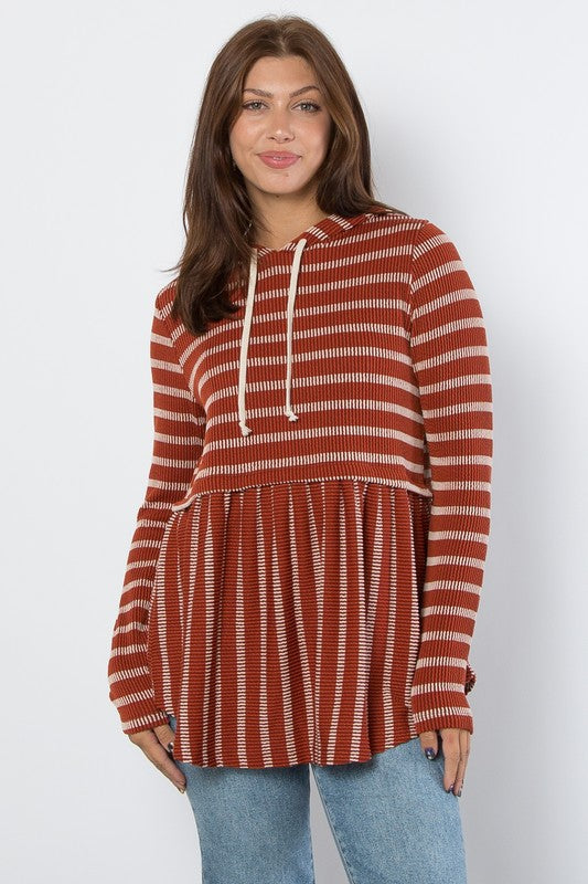 Be Stage Full Size Drawstring Striped Babydoll Hoodie Rust Apparel/Tops BE Stage Ship from USA TikTok Tops Trendsi USPS Walmart Walmart Apparel Trendsi https://www.cyberehub.com