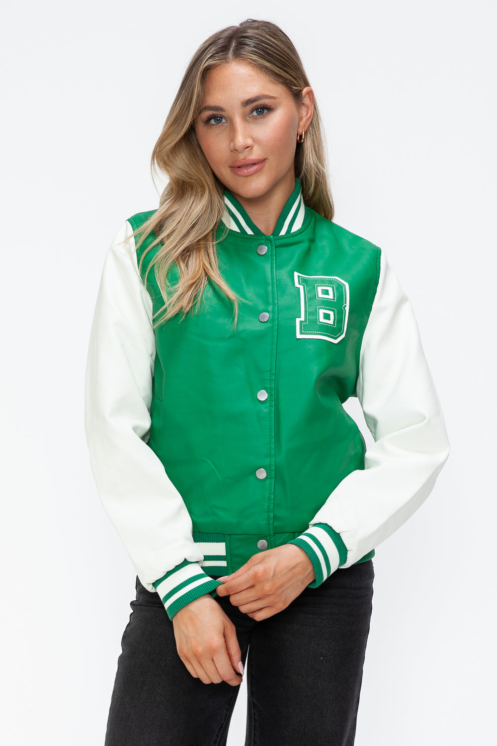 Love Me Now PU Leather Contrast Snap Down Bomber Jacket Tops/Jackets/Sweaters Clothing Tops Love Me Now Ship from USA TikTok Trendsi USPS Walmart Trendsi https://www.cyberehub.com