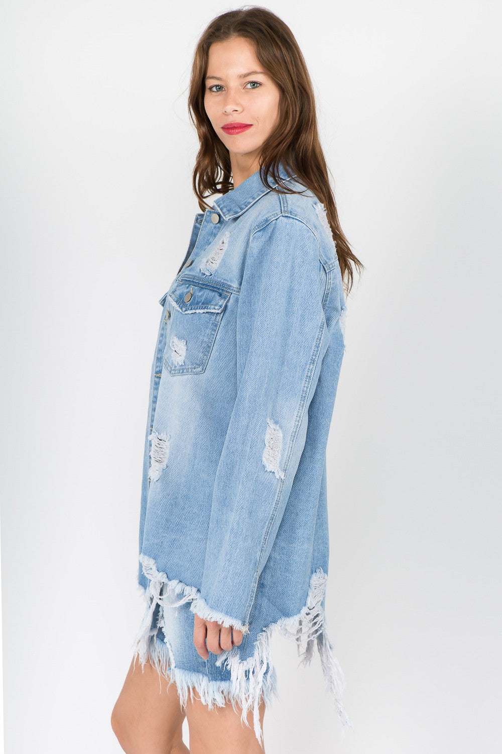 American Bazi Distressed Frayed Hem Denim Jacket Tops/Jackets/Sweaters American Bazi Clothing Tops Ship from USA TikTok Trendsi USPS Walmart Trendsi https://www.cyberehub.com