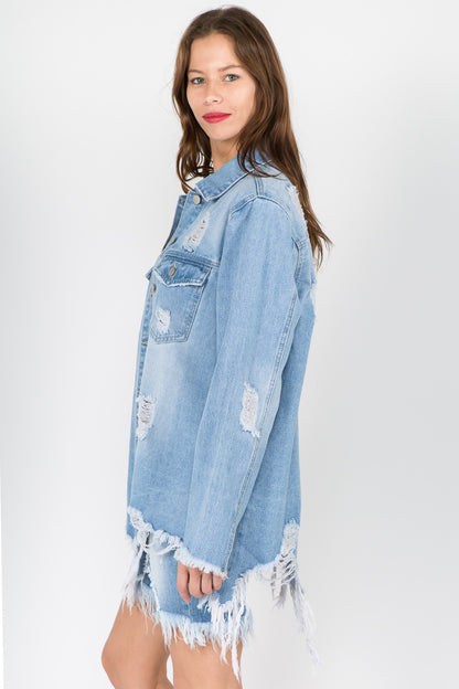 American Bazi Distressed Frayed Hem Denim Jacket Tops/Jackets/Sweaters American Bazi Clothing Tops Ship from USA TikTok Trendsi USPS Walmart Trendsi https://www.cyberehub.com