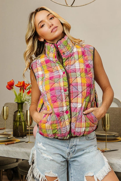 BiBi Quilted Washed Plaid Snap Down Vest Shirt Apparel BiBi Clothing Tops Ship from USA Shirts USA Women Trendsi https://www.cyberehub.com
