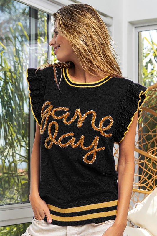 BiBi Game Day Letter Contrast Trim Ruffled Sleeveless Sweater Shirt Apparel BiBi Clothing Tops Ship from USA Shirts USA Women Trendsi https://www.cyberehub.com