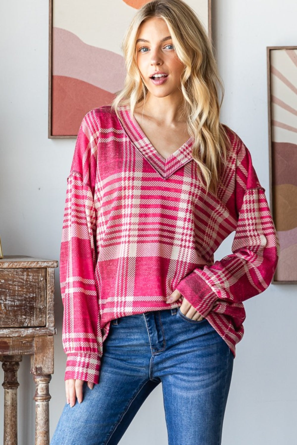 Heimish Plaid Drop Shoulder V-Neck T-Shirt Tops/Jackets/Sweaters Clothing Tops Heimish Ship from USA TikTok Trendsi USPS Walmart Trendsi https://www.cyberehub.com