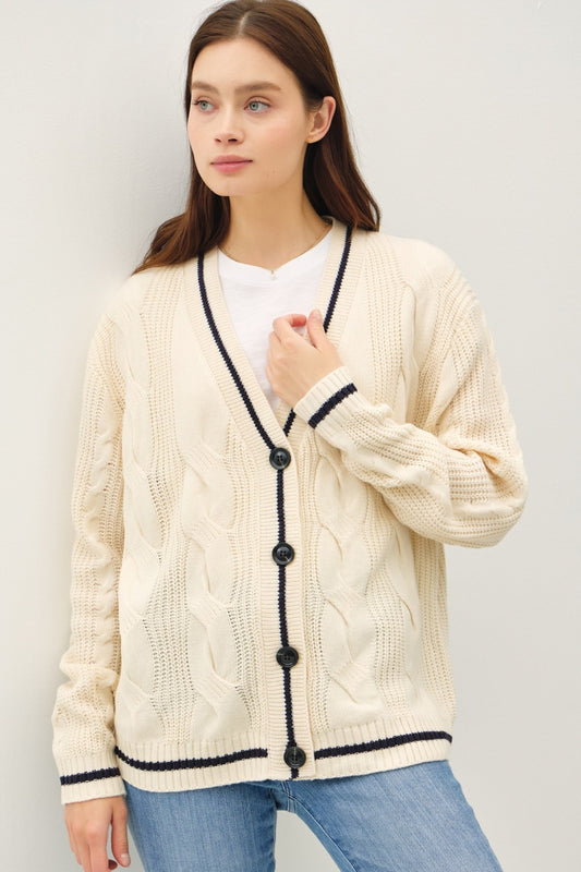 Be Cool Contrast Trim Cable-Knit V-Neck Cardigan Natural Tops/Jackets/Sweaters BE COOL Clothing Tops Ship from USA TikTok Trendsi USPS Walmart Trendsi https://www.cyberehub.com