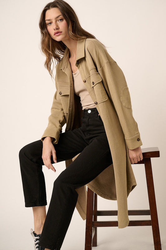 Mittoshop Acid Wash French Terry Longline Shacket Taupe Shirt Apparel Clothing Tops Mittoshop Ship from USA Shirts USA Women Trendsi https://www.cyberehub.com