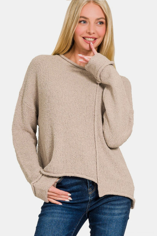 Zenana Asymmetric Hem Drop Shoulder Sweater Ash Mocha Shirt Apparel Clothing Tops Ship from USA Shirts USA Women Zenana Trendsi https://www.cyberehub.com