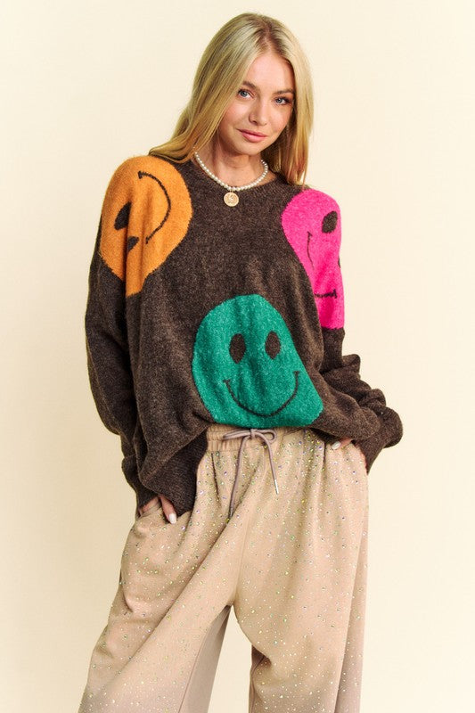 Davi & Dani Contrast Smile Round Neck Oversize Sweater Dark Brown Tops/Jackets/Sweaters Clothing Tops Davi & Dani Ship from USA TikTok Trendsi USPS Walmart Trendsi https://www.cyberehub.com