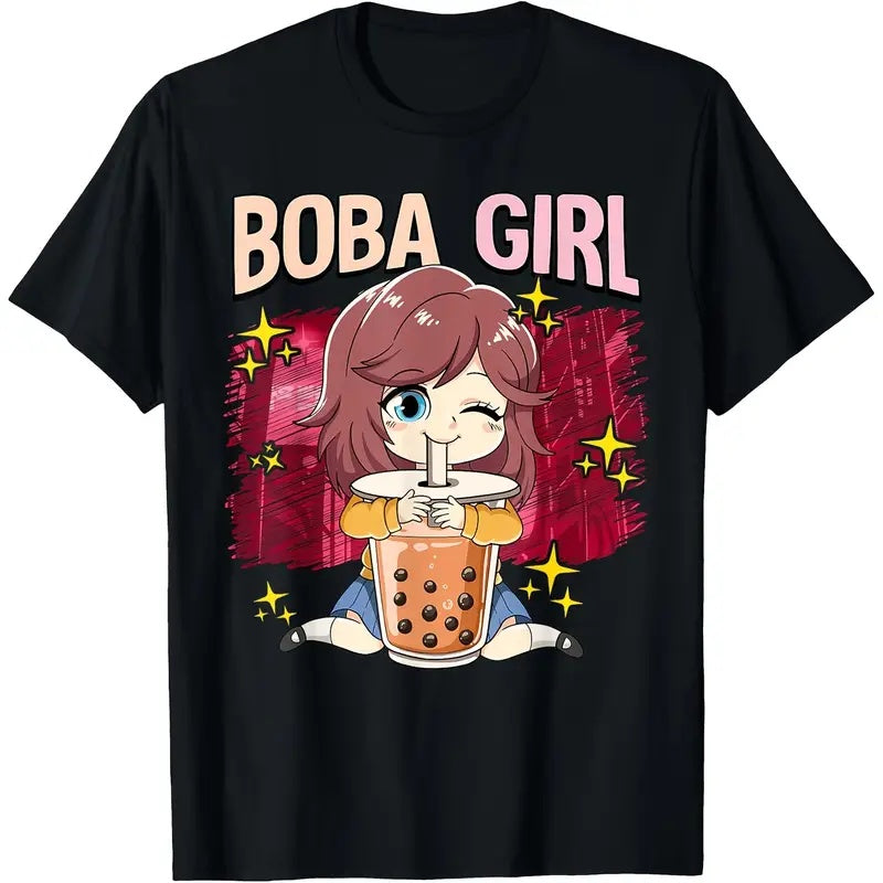 Boba Girl Anime Graphic Tee , Short Sleeve, Crew Neck T-Shirt For Women & Girls Black Apparel/Shirt/Graphic Shirt SNULLO https://www.cyberehub.com