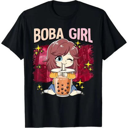 Boba Girl Anime Graphic Tee , Short Sleeve, Crew Neck T-Shirt For Women & Girls Black Apparel/Shirt/Graphic Shirt SNULLO https://www.cyberehub.com