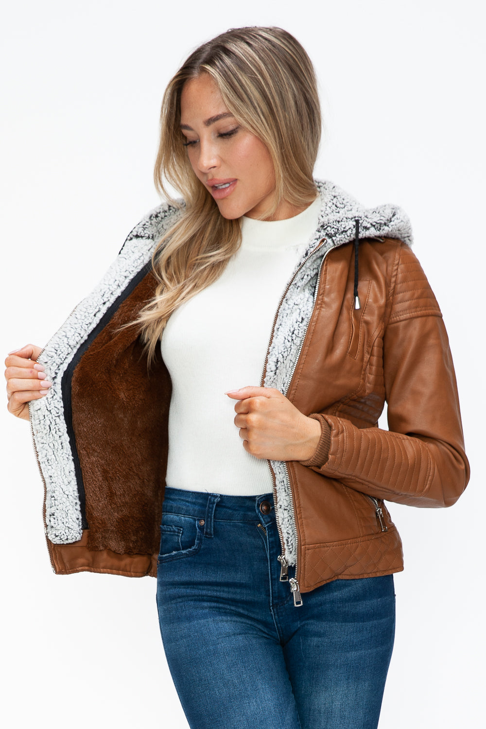 YMI Faux Layered Double-Zipper Jacket with Fuzzy Hood Tops/Jackets/Sweaters Clothing Tops Ship from USA TikTok Trendsi USPS Walmart YMI outerwear Trendsi https://www.cyberehub.com