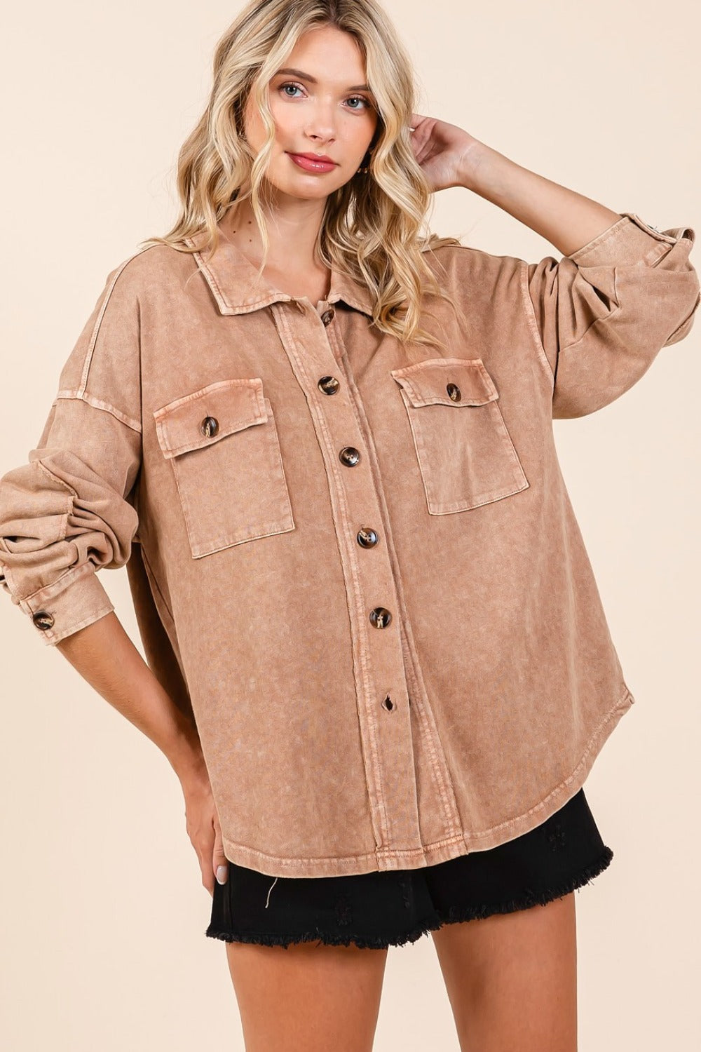 Mittoshop Mineral Wash French Terry Elbow Patch Shacket Shirt Apparel Clothing Tops Mittoshop Ship from USA Shirts USA Women Trendsi https://www.cyberehub.com
