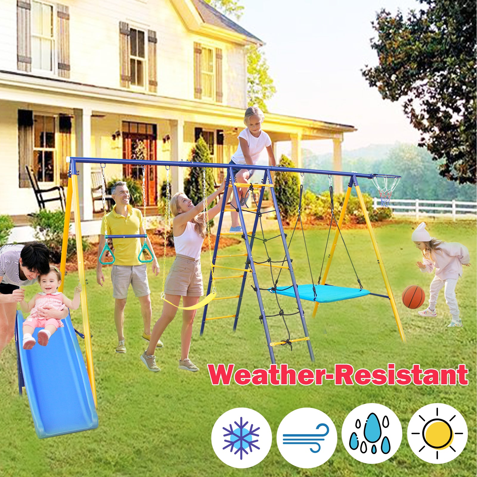 500 lbs 7 in 1 Swing Set for Kids Backyard Outdoor A-Frame Heavy-Duty Metal Swing Sets with Slide, 2 Swing Seats, 1 Climbing Net & Ladder, 1 Gym Ring, 1 Basket Giga GNJ Kids Toys Giga https://www.cyberehub.com