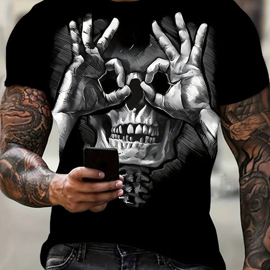Creative Skull Print T-shirt, Men's Casual Street Style Elastic Round Neck T-shirt, Suitable For Summer Apparel/Shirt/Graphic Shirt SNULLO https://www.cyberehub.com