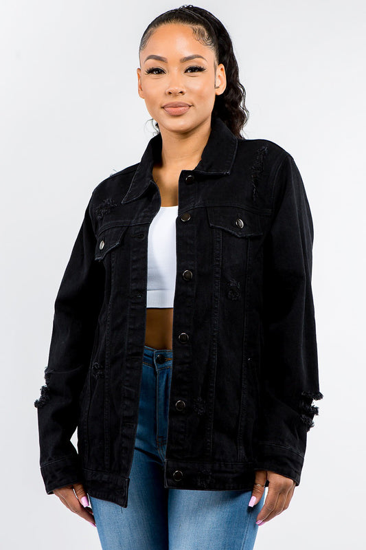 American Bazi Full Size Button Up Distressed Denim Jacket Black Tops/Jackets/Sweaters American Bazi Clothing Tops Ship from USA TikTok Trendsi USPS Walmart Trendsi https://www.cyberehub.com