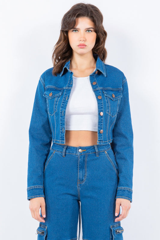American Bazi Laced Back Cropped Denim Jacket Blue Tops/Jackets/Sweaters American Bazi Clothing Tops Ship from USA TikTok Trendsi USPS Walmart Trendsi https://www.cyberehub.com