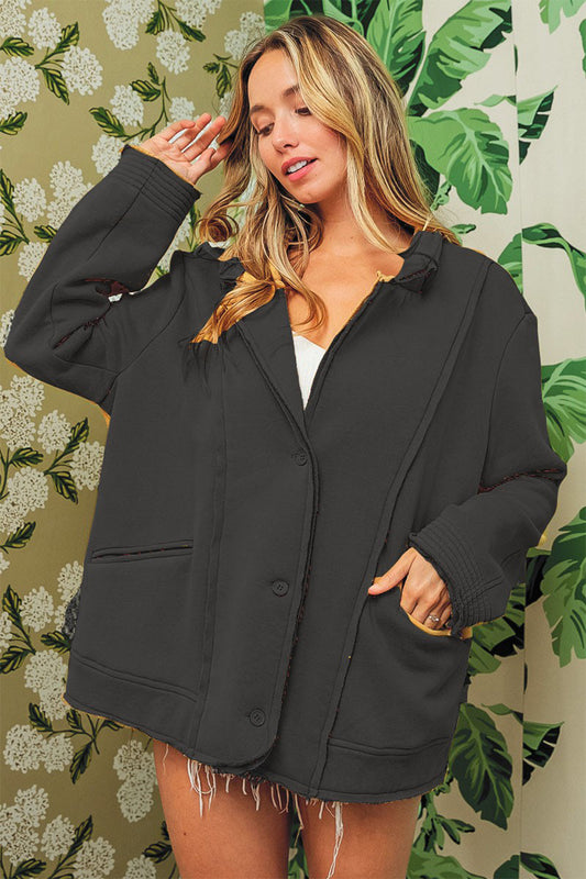 BiBi Single-Breasted Washed Fleece Jacket Black Charcoal Shirt Apparel BiBi Clothing Tops Ship from USA Shirts USA Women Trendsi https://www.cyberehub.com