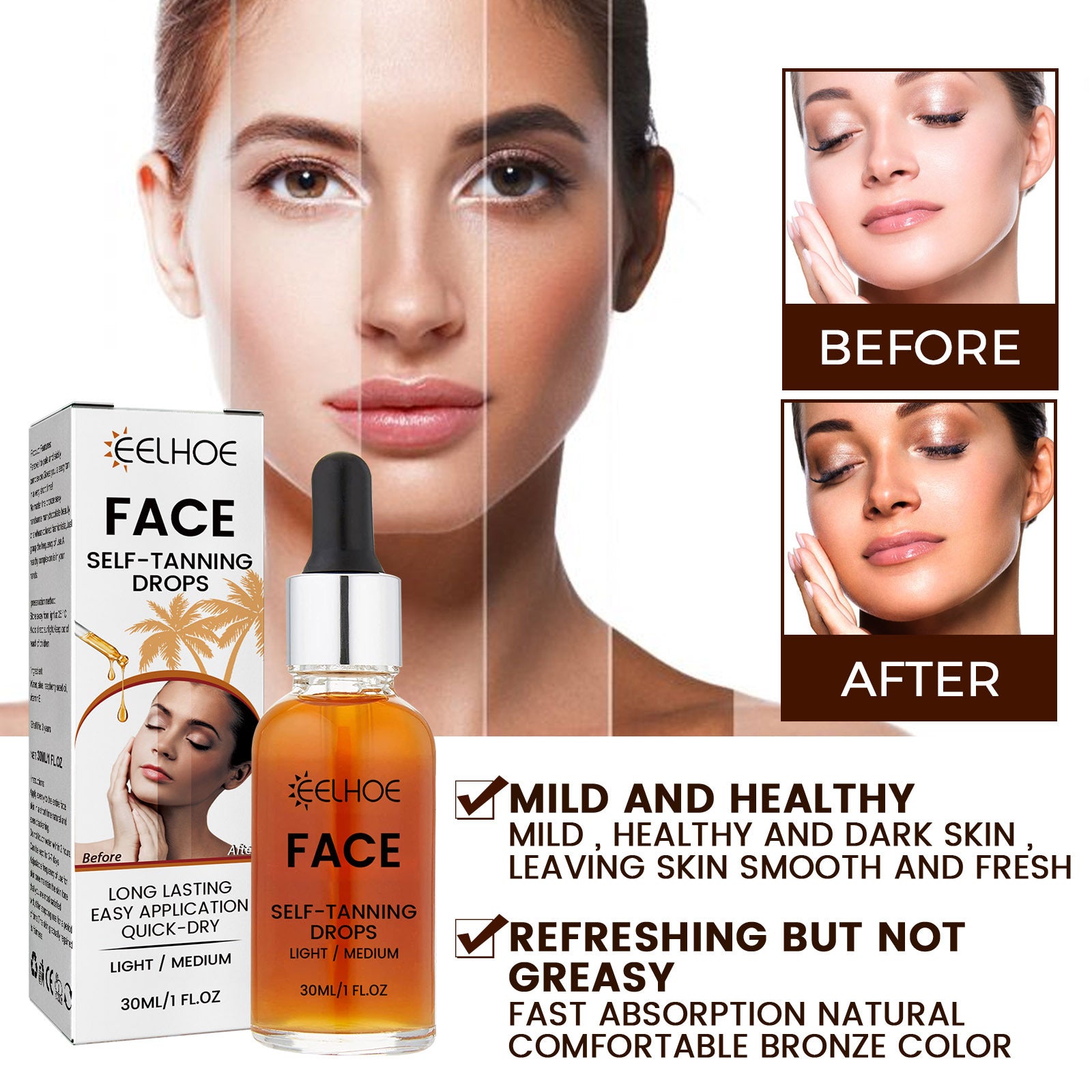 EELHOE Facial Tanning Essence For Achieving A Natural And Stylish Wheat Color Or Bronzed Skin Tone, Providing Hydration And Enhancing The Beauty Of The Skin Without The Need For Sunbathing Health Beauty CJ USa USPS Muqe https://www.cyberehub.com