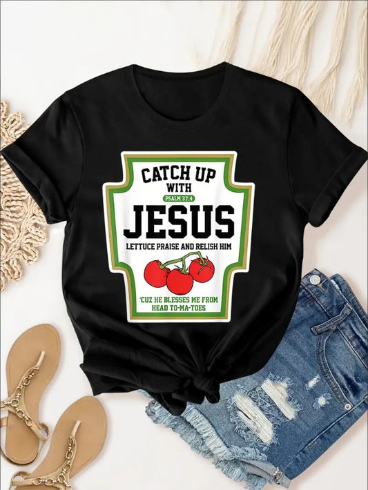 Vibrant Letter & Tomato Graphic Tee - Stylish Round Neck, Short Sleeves, Casual Workout Design - Womens Activewear, Sports Fitness Top For Everyday Wear Apparel/Shirt/Graphic Shirt SNULLO https://www.cyberehub.com